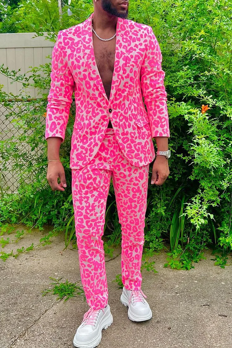 Ciciful Pink Leopard Print Blazer Pants Two Piece Set
