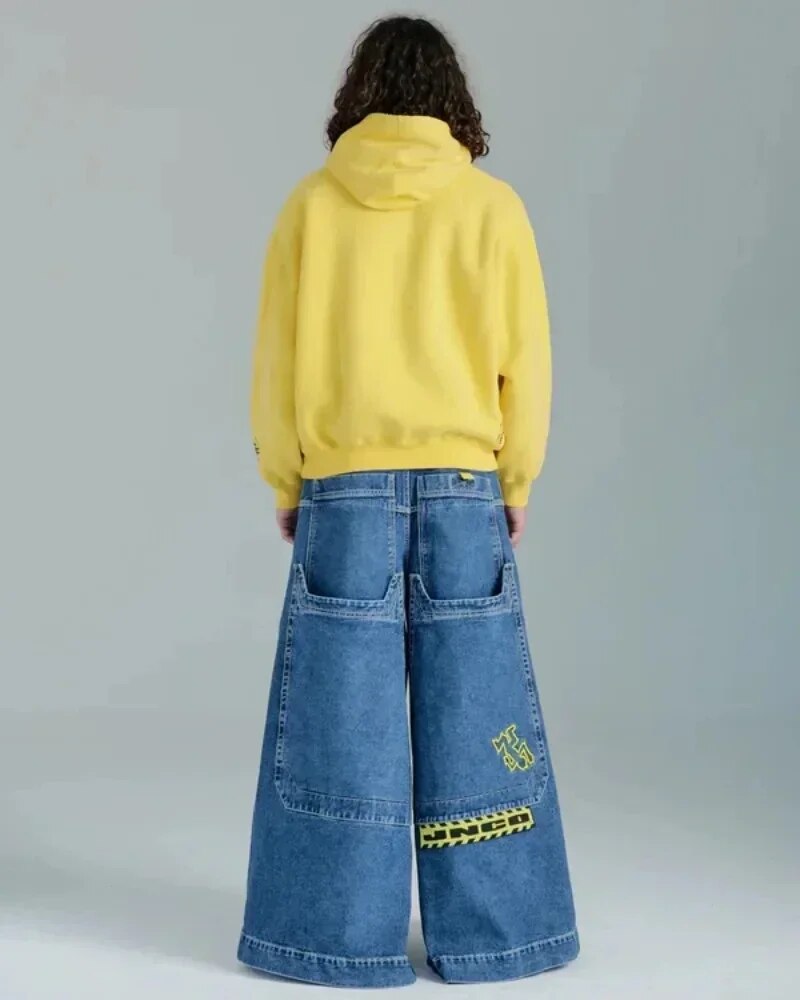 Spontork Retro Skull Graphic Embroidered JNCO Jeans New Harajuku Hip Hop Baggy Jeans Denim  Pants Men Women Goth High Waist Wide Trousers Pants