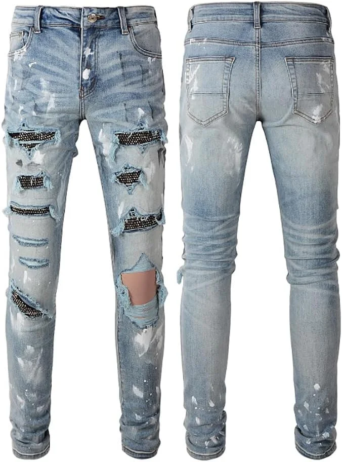 Mens Crystals Patched Elastic Jeans Skinny Stretch Slim Distressed Ripped Rhinestone Denim Pants Hiphop Jeans
