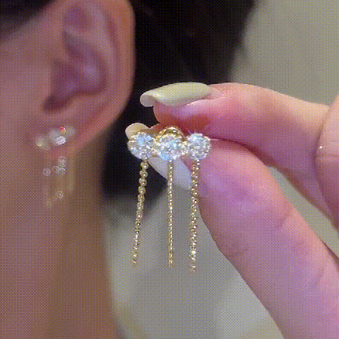 Metal mesh zircon chain tassel earrings