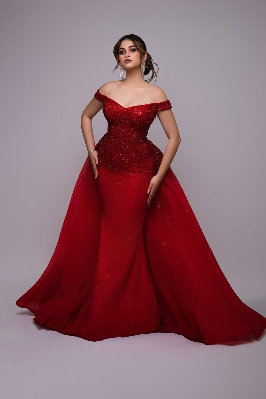 Glamorous Strapless Red Satin Off the Shoulder Beaded Mermaid Prom Dress with Detachable Train | MS0744  