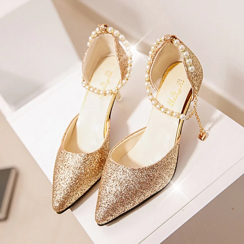 Sexy Pointed Toe Pearl High Heels Shoes Female Fashion Hollow with Sandals Paillette of The Thin Breathable Shoes Women Pumps