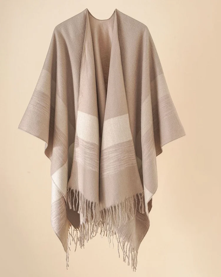 Women's Khaki Plaid Casual Cape Shawl