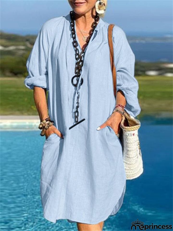 Ladies Spring Linen Solid V Neck Loose-fitting Dress