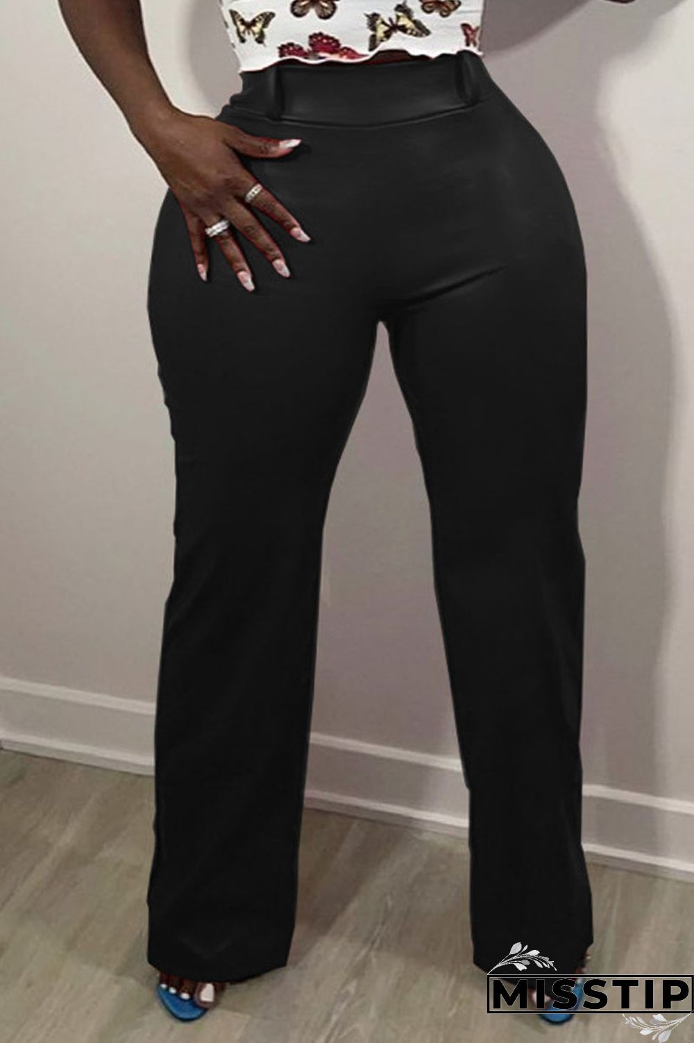 Black Solid Patchwork Straight High Waist Straight Solid Color Bottoms