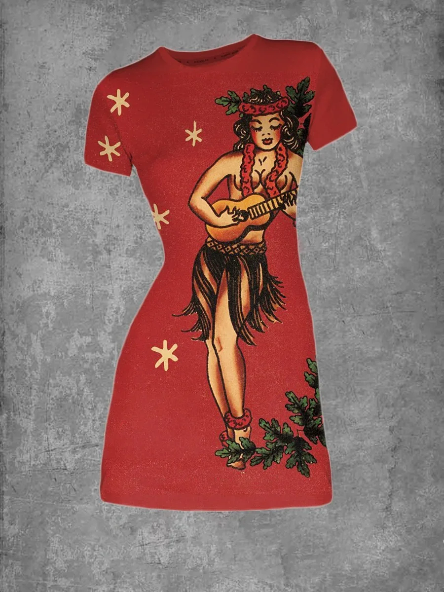 Retro Girls' Printed Pattern Round Neck T-shirt Dress
