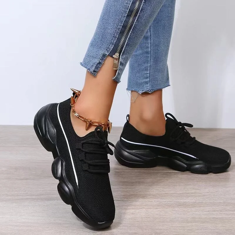Women Sneakers 2022 Spring New Stretch Fabric Ladies Lace Up Comy Breathable Casual Shoes 35-43 Large-Sized Sport Flat Shoes