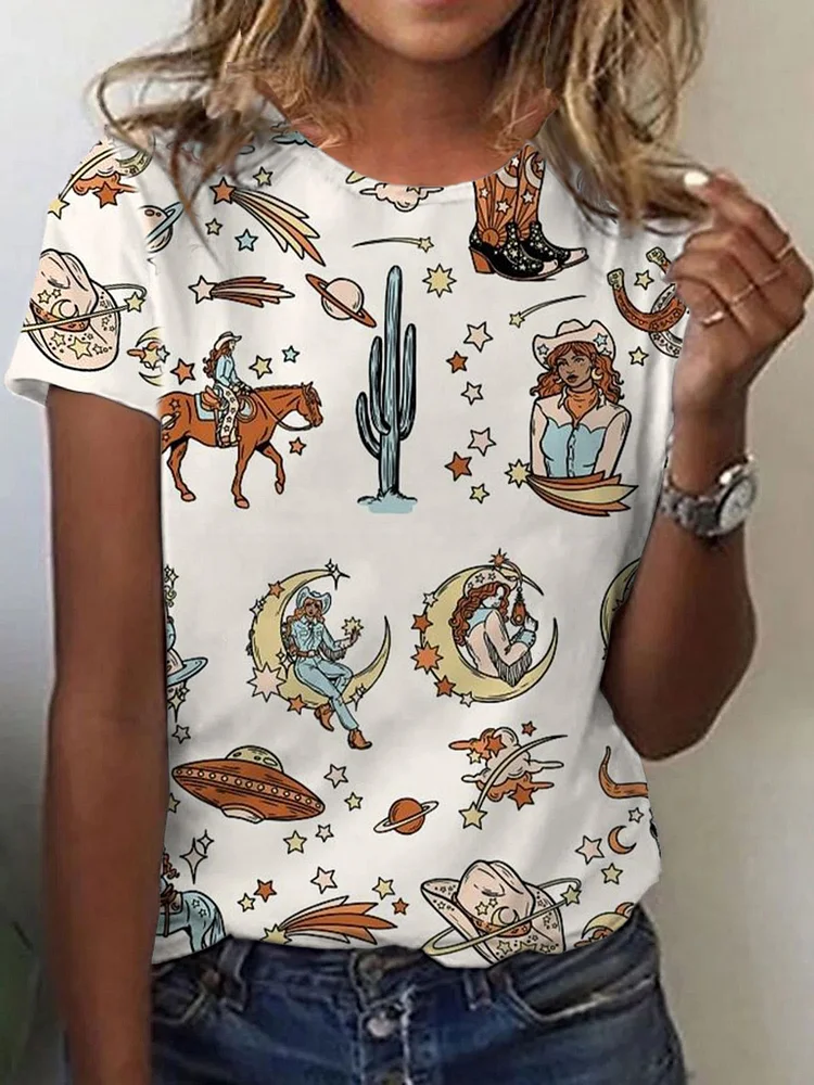 Women's Vintage Western Cowgirl Print T-Shirt