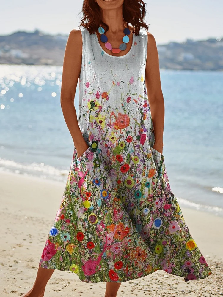 Women's Elegant Colorful Flowers Art Print Casual Pocket Pinafore Linen Dress