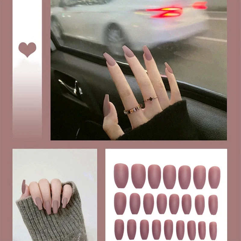 24pcs/box Full Cover fake Press on Nails Matte Yellow Pure Acrylic Frosted Ballerina acrylic for nails for Women free shipping-Nail Inspo