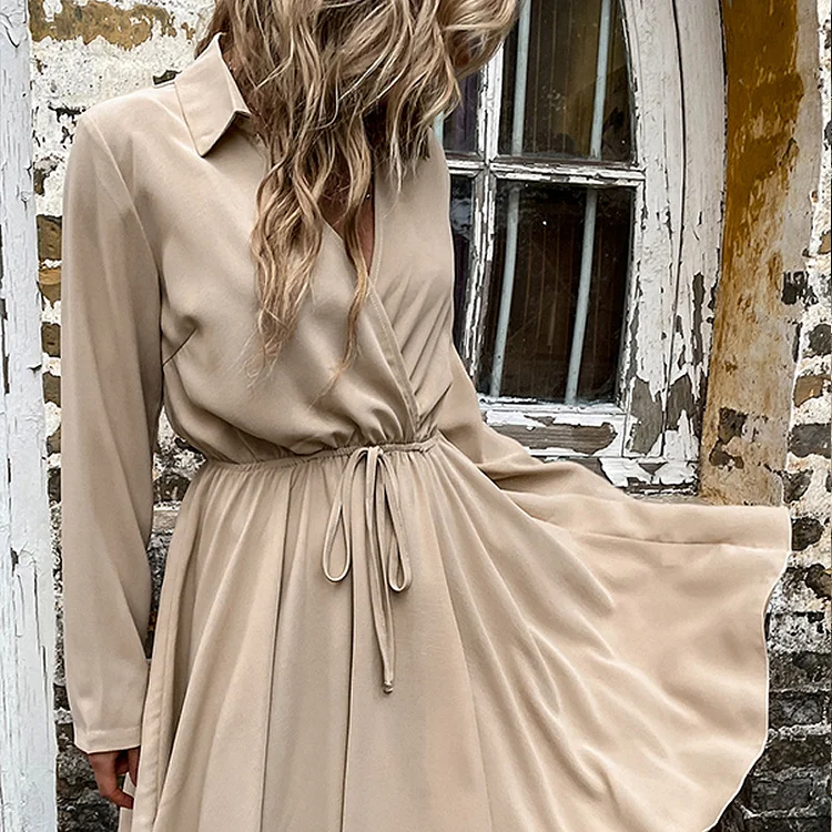 Fashion Solid Color Lapel Tie Waist Pleated Casual Dress