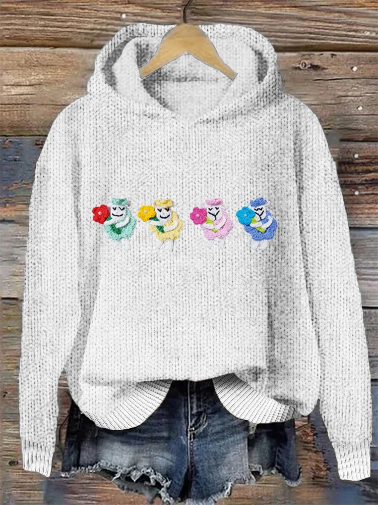 Floral Sheep Pattern Hooded Sweater