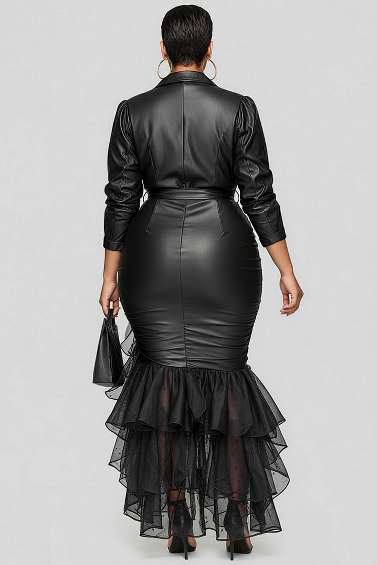 Xpluswear Design Plus Size Formal Tulle Black Turndown Collar Long Sleeve Ruffle Elegant Split PU Leather Midi Dresses [Pre-Order]