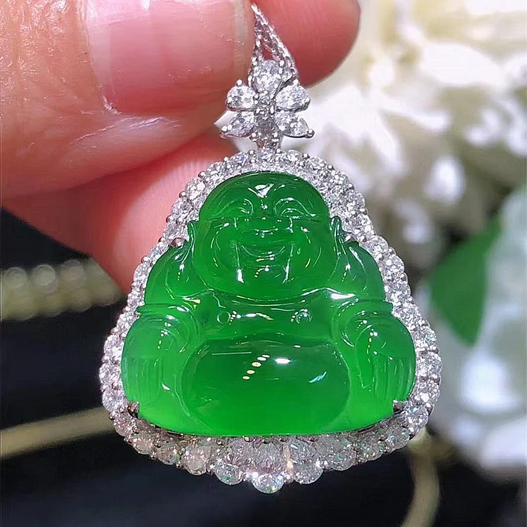 Iced Out Natural Burmese Jadeite Buddha  Pendant Necklace-VESSFUL