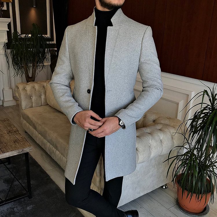 BrosWear Men's Winter Daily Casual Simple Style No Collar Gray Slim Long Coats