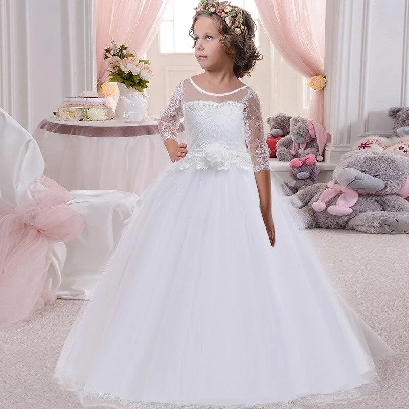 2021 Summer  White One Shoulder Long Bridesmaid Dress Girl Bow Gown Kids Dresses For Girls Children Princess Party Wedding Dress