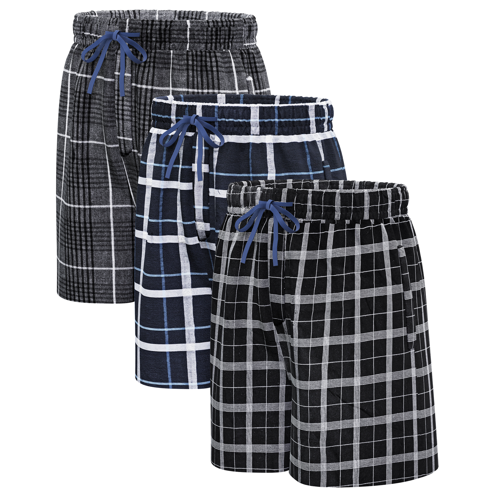 Men's Plaid Pajama Shorts Relaxed Fit Lounge Pants with Drawstring and Button Open Fly 3 Pack，3 Pack - E