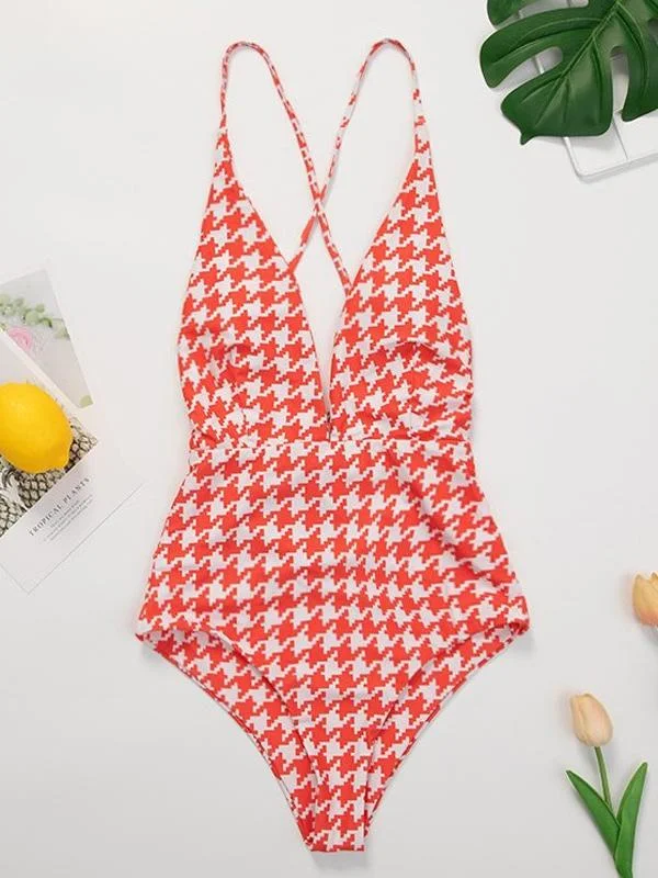 Houndstooth-Print Deep V-Neck One-Piece Swimwear