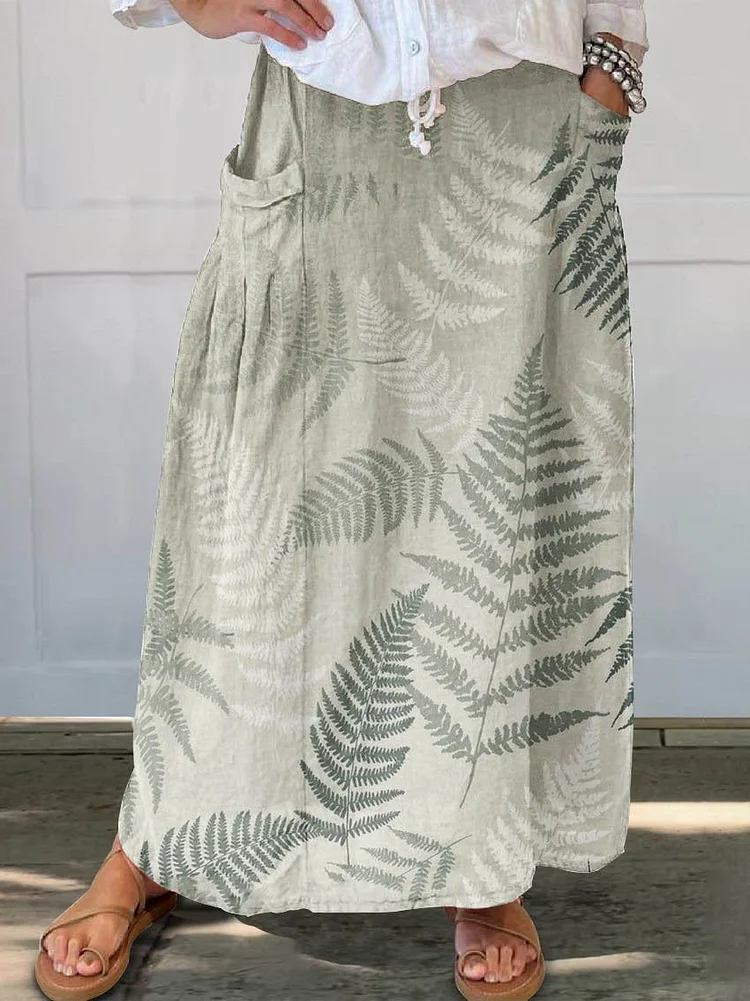 Women's Flowers And Leaves Art Pattern Print Linen Pocket Skirt