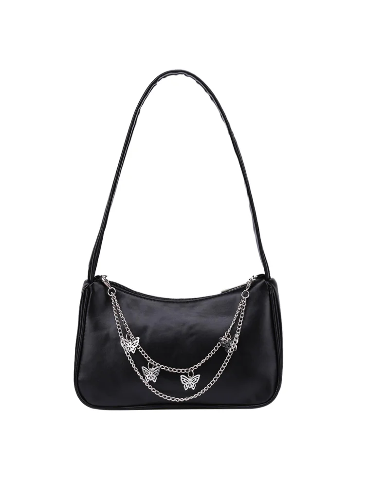 Fashion Women PU Underarm Bag Butterfly Chain Pure Color Mini Purse (Black)