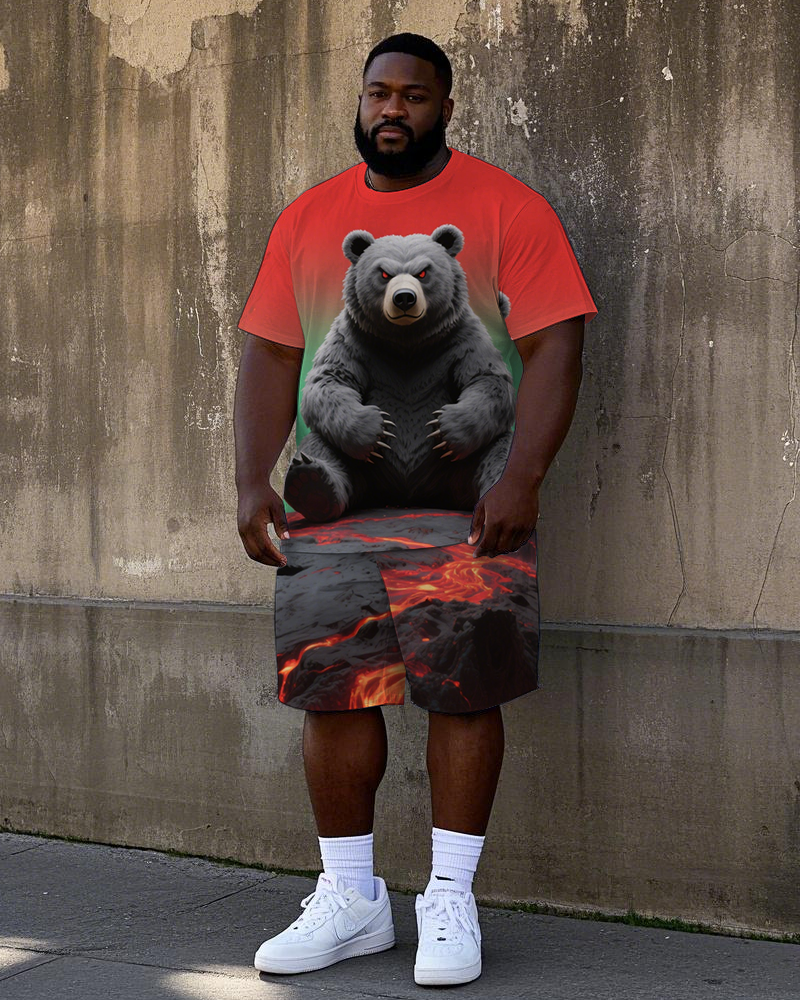Big Guy's Casual Abstract Bear in Magma Printed 2-Piece Short Sleeve T-Shirt Shorts Set