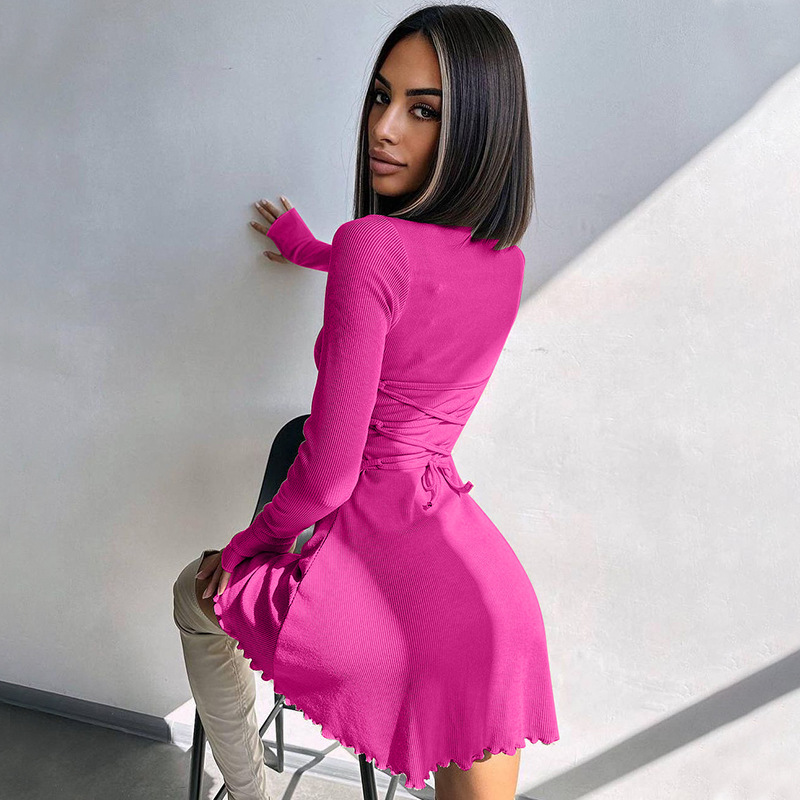 Ootddress Bandage Ruffled High Waist Mini Dress For Women Long Sleeve Fashion Lace-Up Solid Patchwork Autumn 2025 Bodycon Dress New
