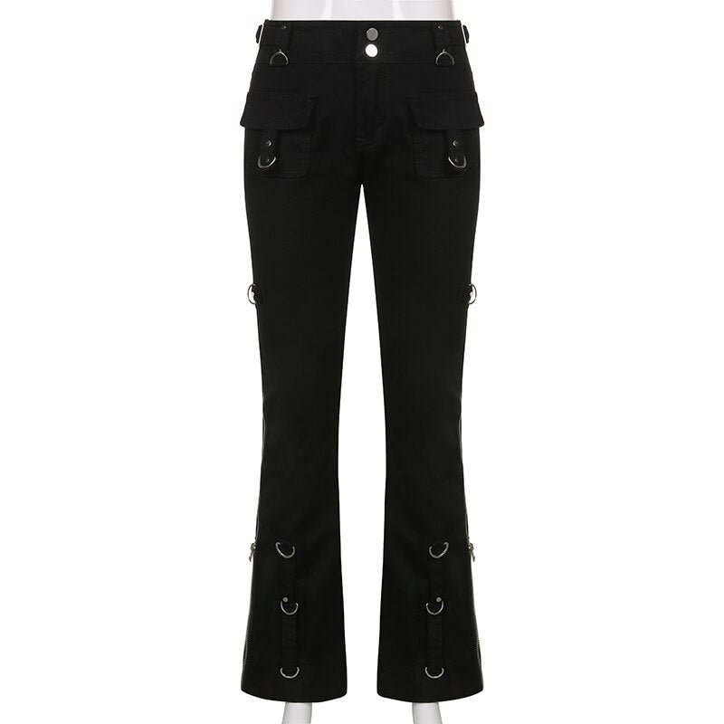 Sweetown Rivet Goth Black Jeans Dark Academic Girl Techwear Side Zipper Low Waist Straight Denim Trousers Women Streetwear