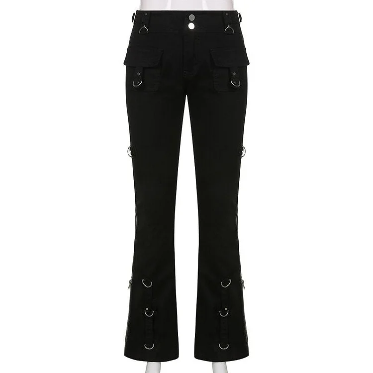 Sweetown Rivet Goth Black Jeans Dark Academic Girl Techwear Side Zipper Low Waist Straight Denim Trousers Women Streetwear