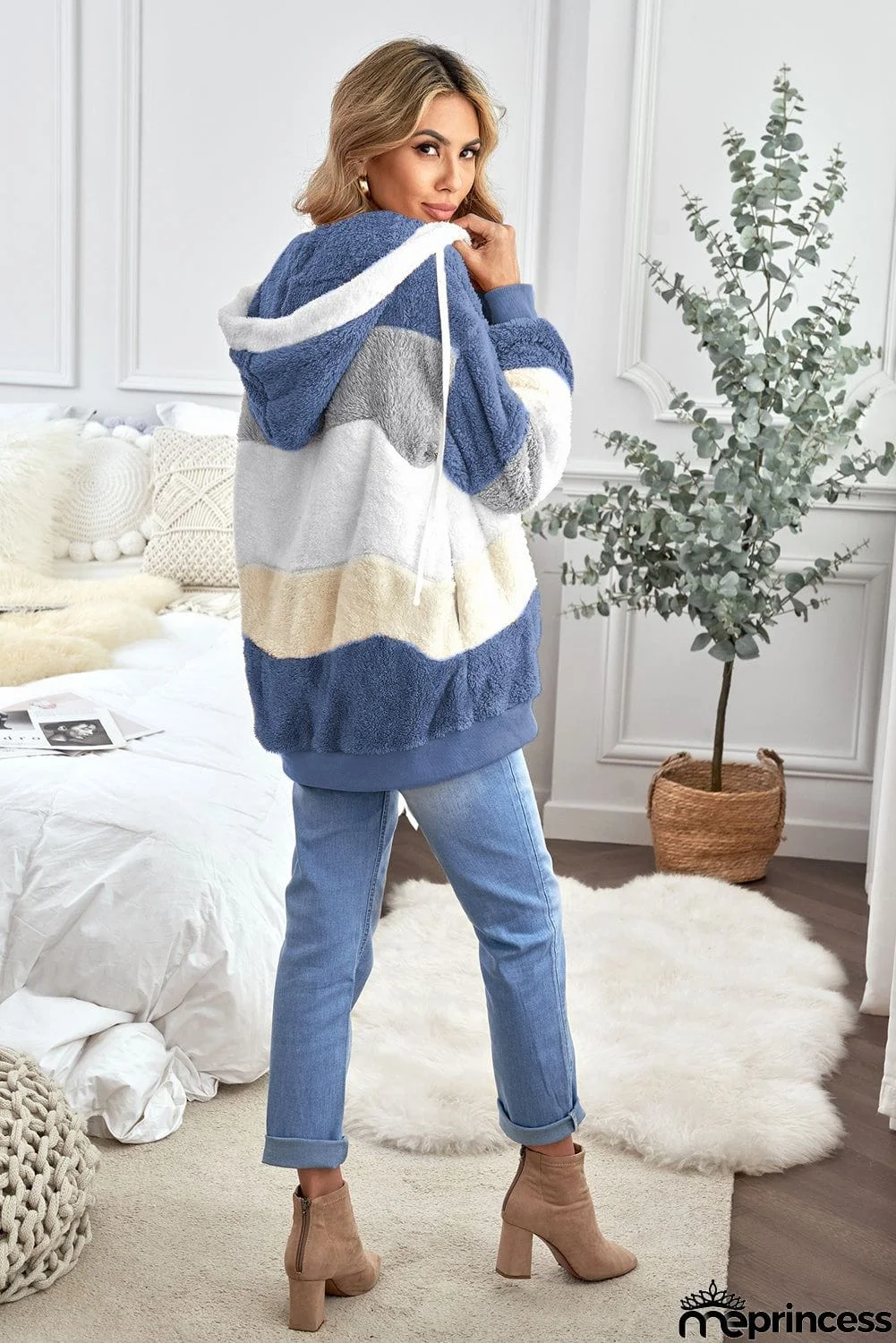 Colorblock Zip Up Sherpa Coat with Hooded