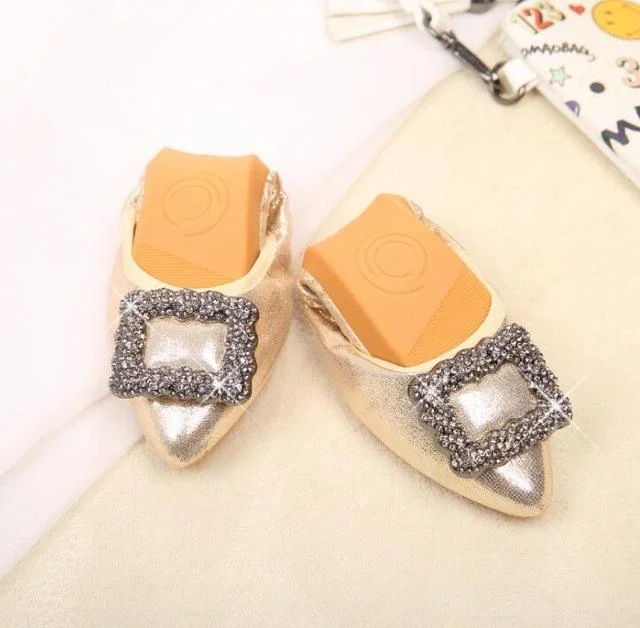 Crystal Ballet Flat Shoes Rhinestone Women Butterfly Pointed Toe Golden Shoes Flats