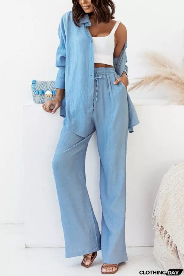 Michelle Cotton Blend Loose Solid Color Shirt Pants Suit