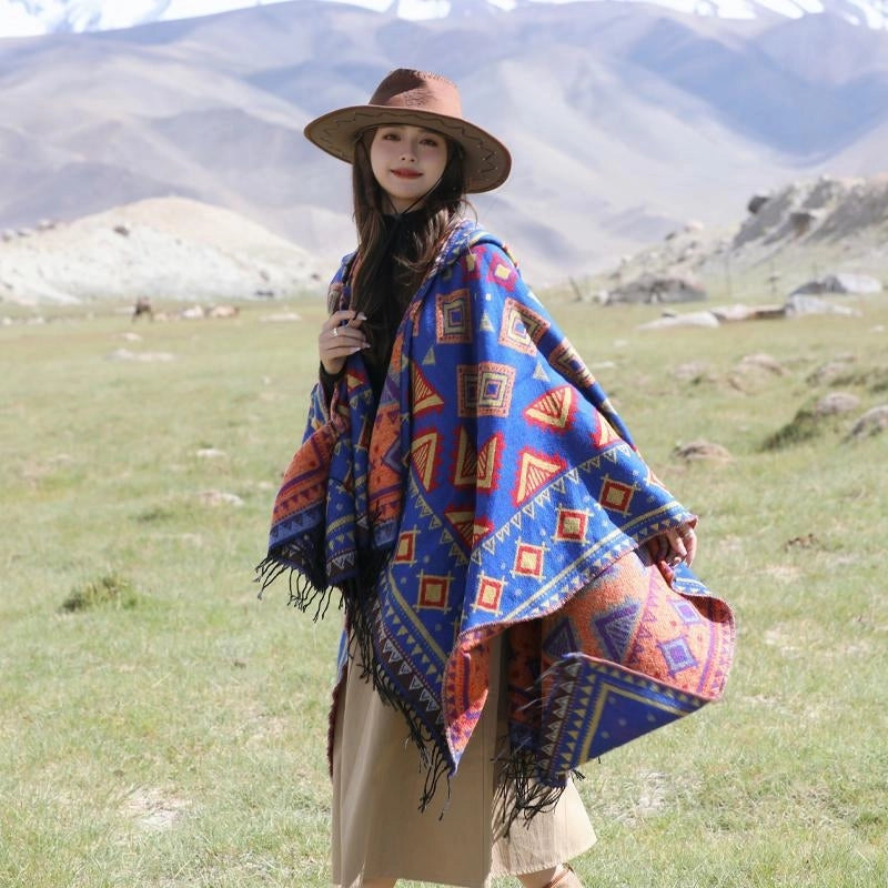 Ethnic Style Hooded Shawl Cloak Lijiang Xinjiang Tibet Northwest Tourism Wear Photograph Warm Outer Cape