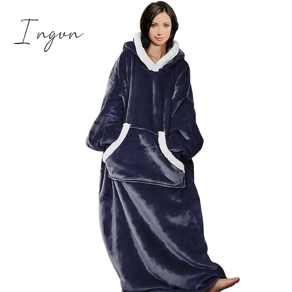 Ingvn - Women’s Pajamas Nightgown Wearable Blanket Hoodie Pure Color Warm Comfort Oversized Home