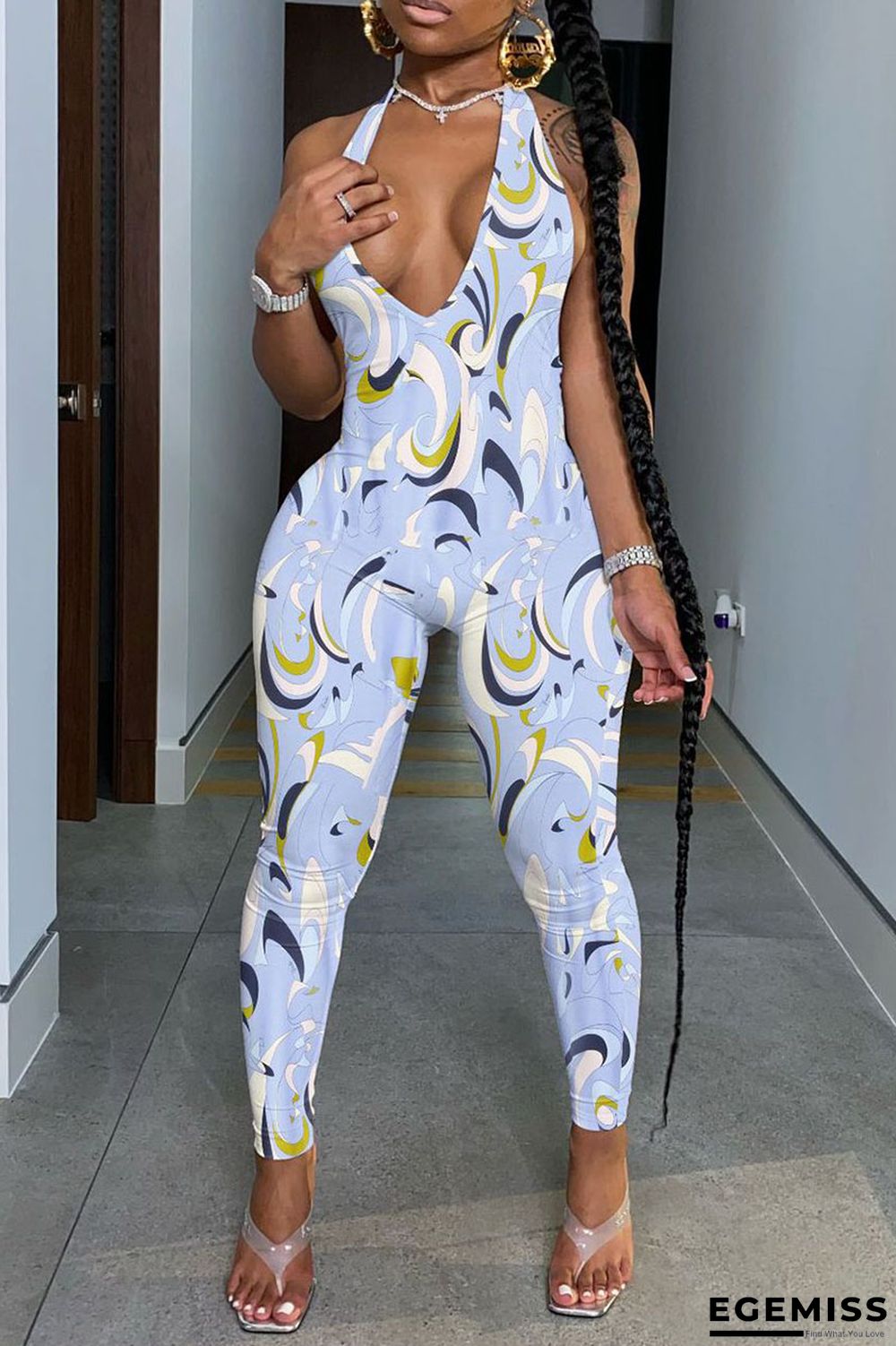 Sky Blue Sexy Print Patchwork Backless Halter Skinny Jumpsuits | EGEMISS