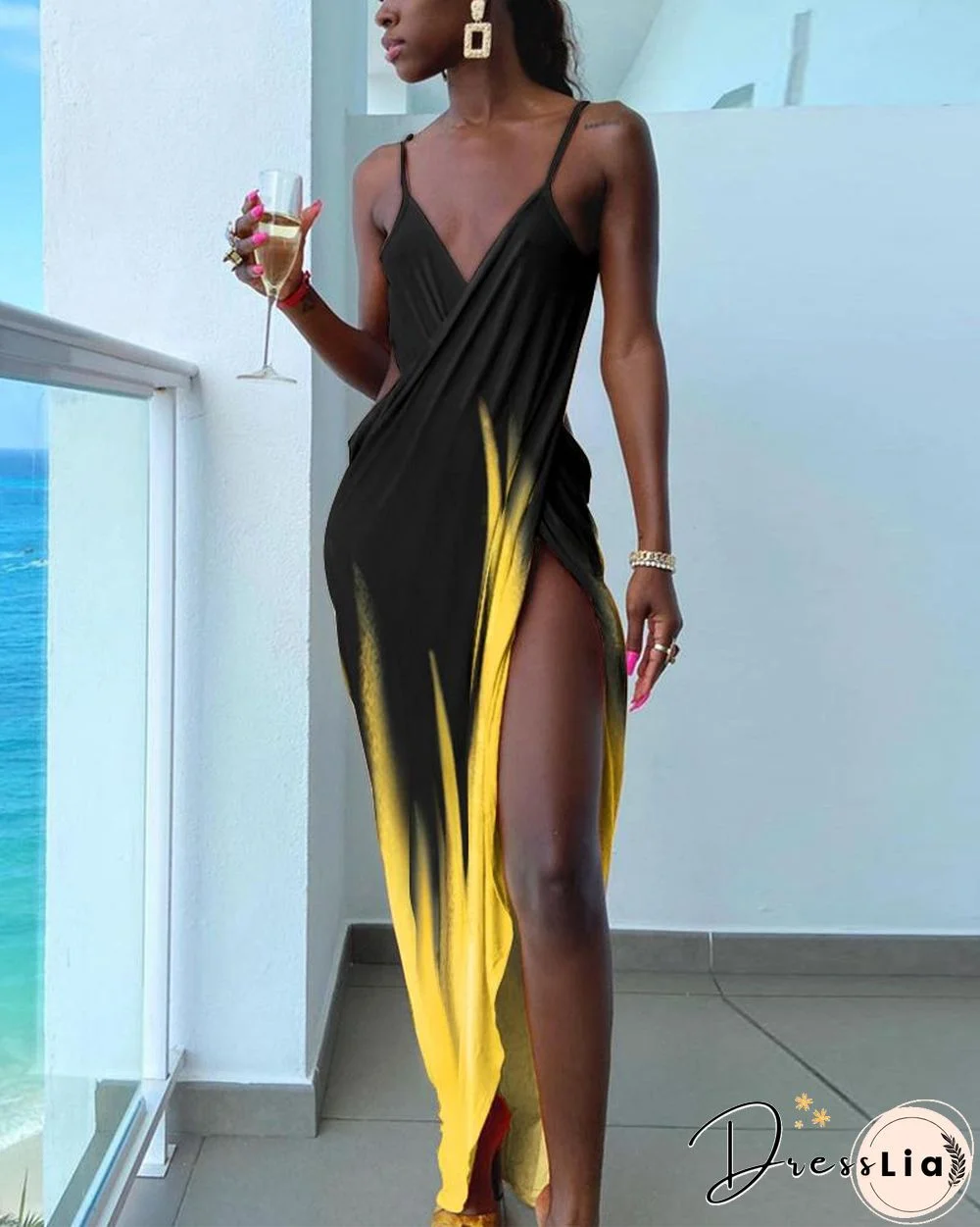 Asymmetrical Cami High Slit Colorblock Ruched Maxi Dress