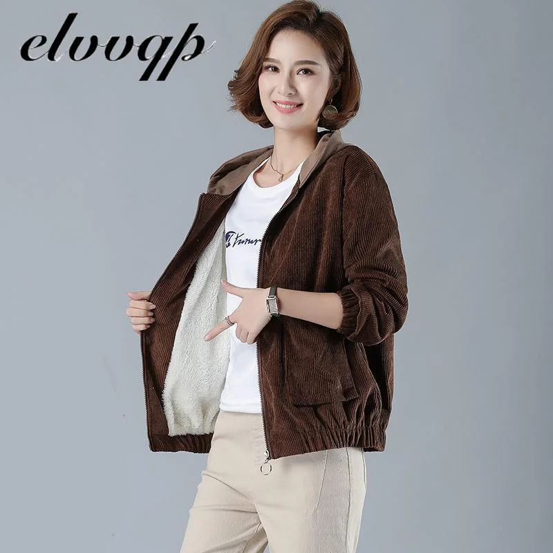 Spring Autumn New Women Jackets Corduroy Coat Streetwear Hooded Casual Windbreaker Female Zippers Jacket Outerwear Plus Size 3xl