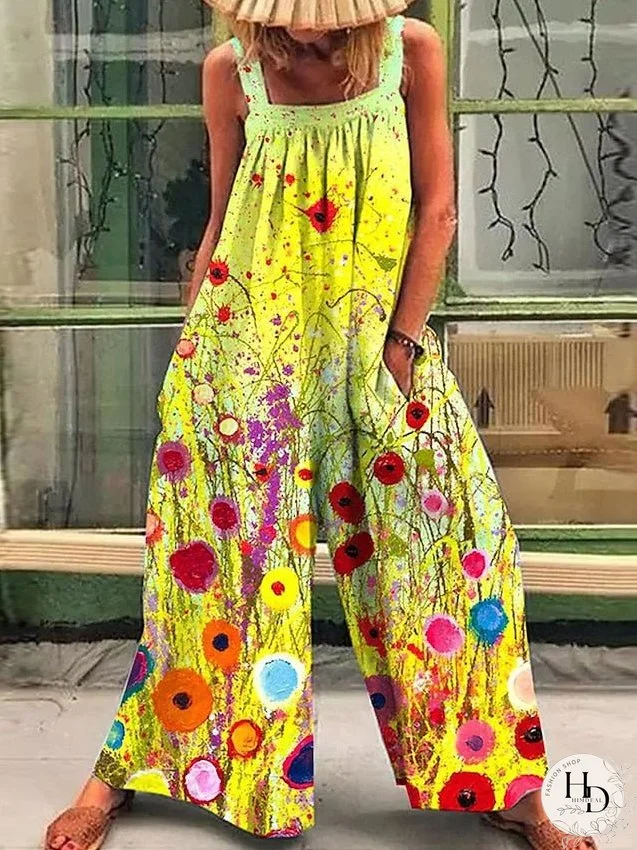 Women's Jumpsuit Print Floral Square Neck Casual Daily Regular Fit Sleeveless Spring / Plus Size