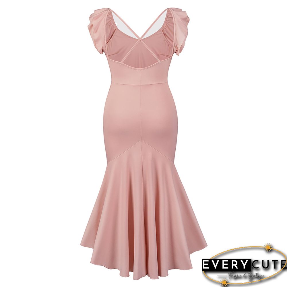 Pink Mermaid Hem Ruffle Sleeveless High Low Evening Dress
