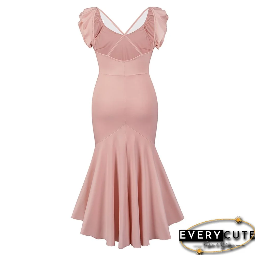 Pink Mermaid Hem Ruffle Sleeveless High Low Evening Dress