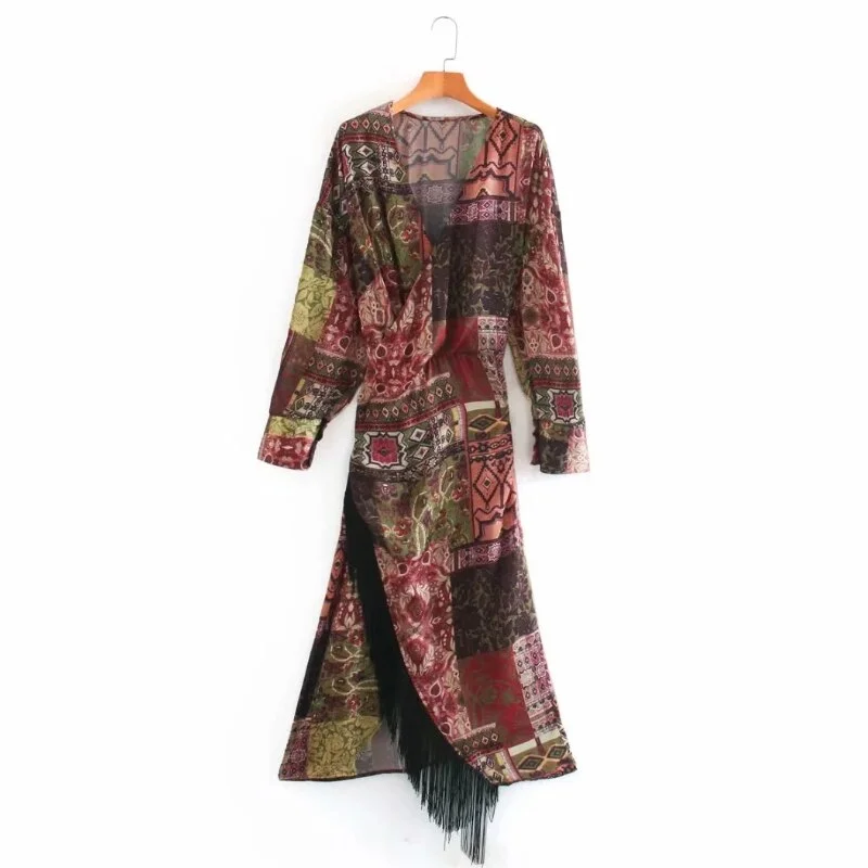 Women Vintage Patchwork Printing Tassels Decoration Midi Dress Casual Femme Long Sleeve Loose Clothes Vestido D6608