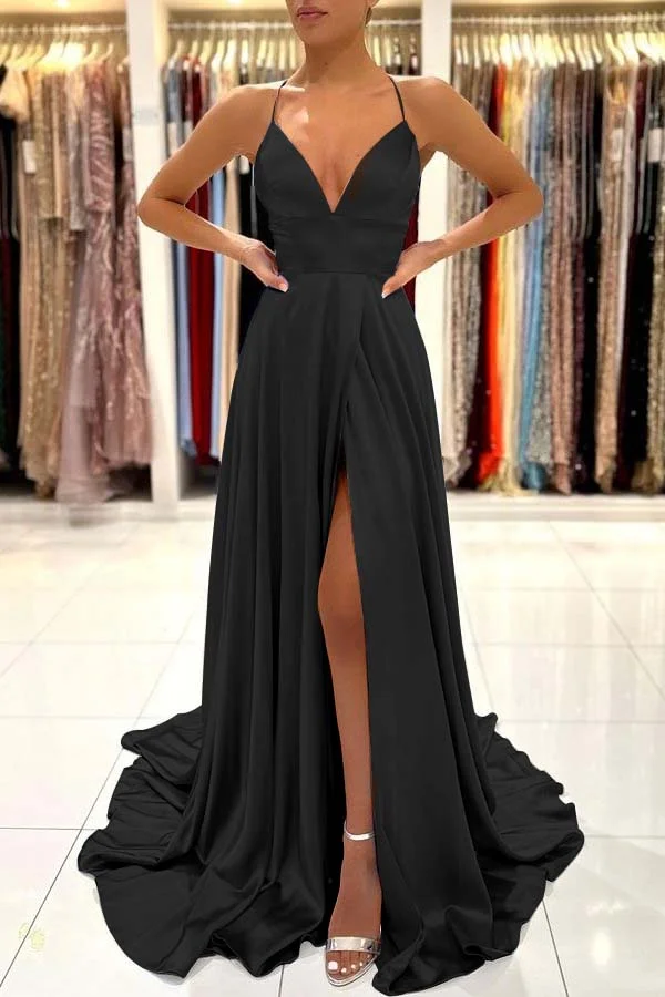 Miabel Shining Spaghetti Straps Sweetheart A Line Split Prom Dress