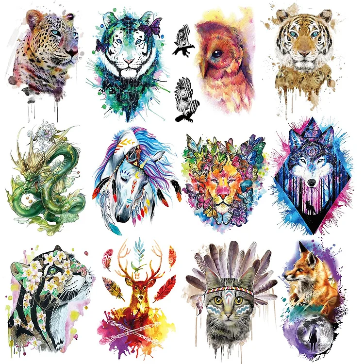 12 Sheets Large Temporary Tattoos - 21x15cm Flower Arm Watercolor Hand Paint ink Leopard Tiger Owl Dragon Horse Lion Wolf Deer Cat Fox For Men and Women