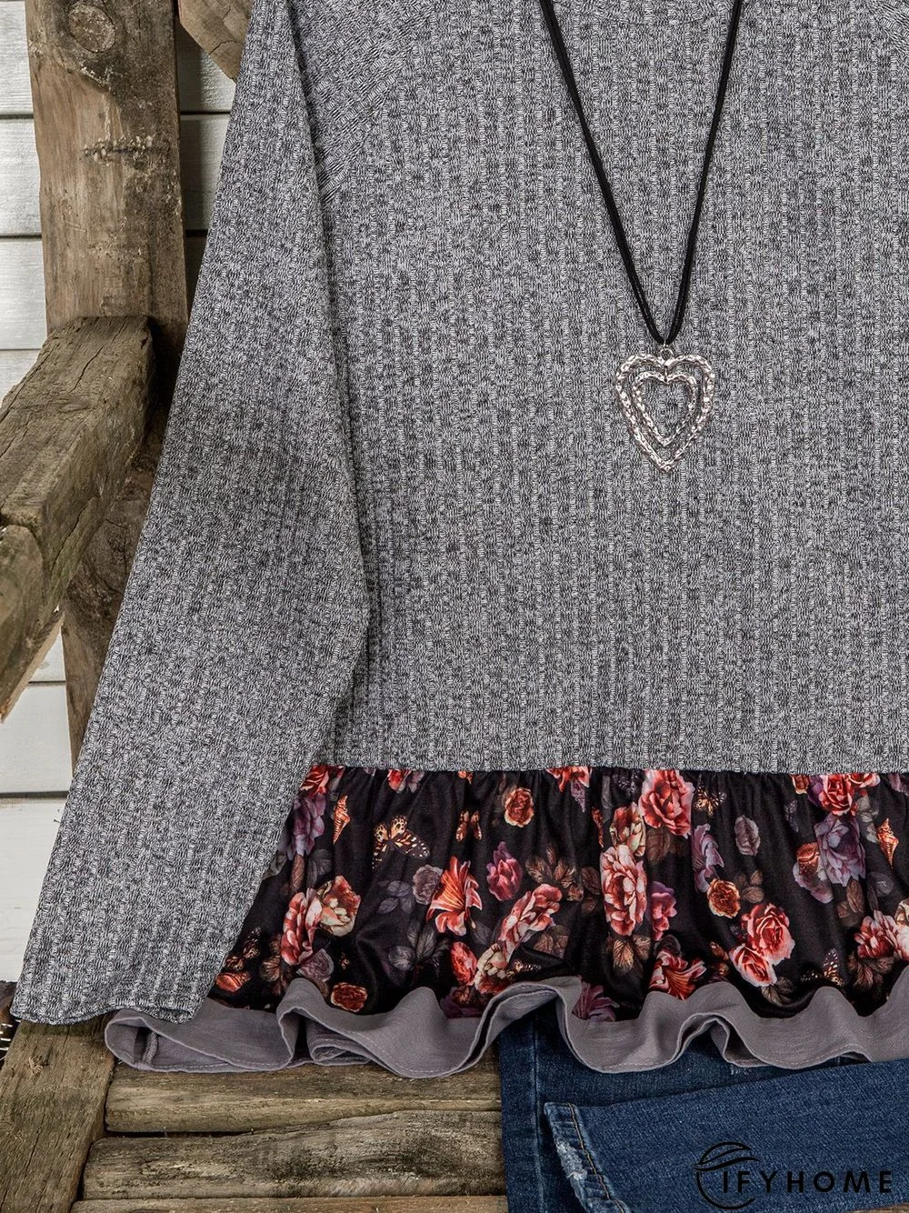 Vintage Color-Block Floral Printed Plus Size Crew Neck Long Sleeve Casual Tops | IFYHOME