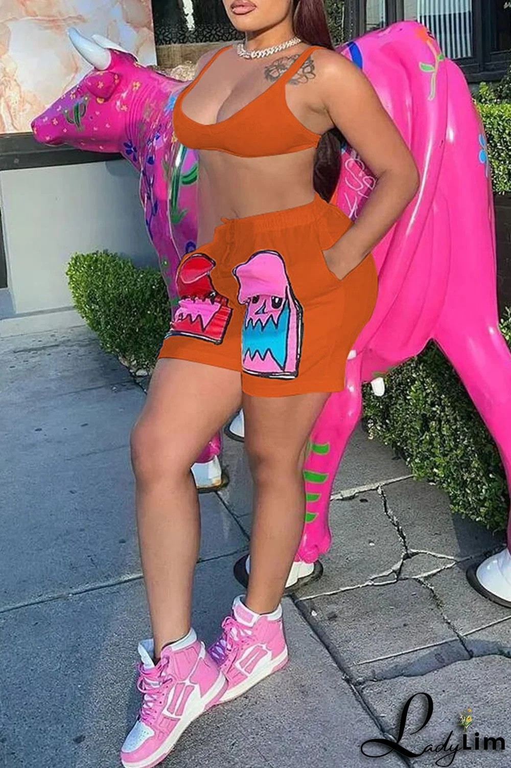 Pink Casual Print Patchwork Spaghetti Strap Sleeveless Two Pieces