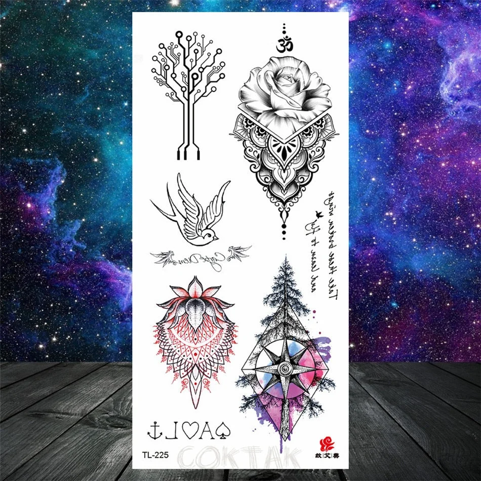 Owl Moth Jewelry Temporary Tattoo For Women Men Mandala Henna Flower Tattoo Mehndi Fake Pendants Geometric Tatoo Chest Back Lace