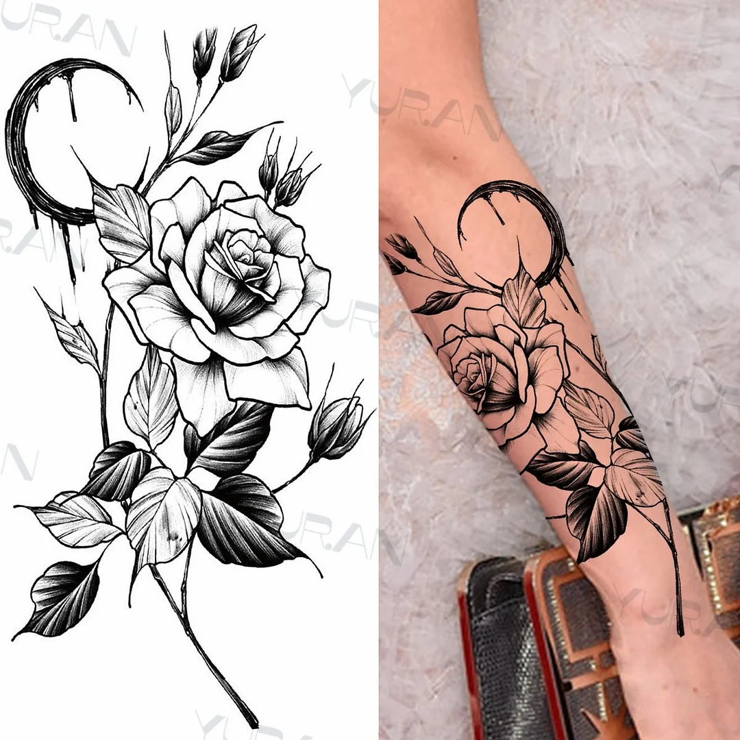 Black Large Snake Flower Fake Tattoo Sticker For Women Dot Rose Peony Temporary Tattoos DIY Water Transfer Tatoos Girls 1029