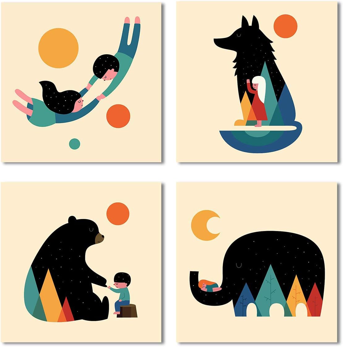 Woodland Animal Nursery canvas wall Art Prints Set of 4, Baby wall art, Kids Room Wall Decor. (Red) 12&#039;&#039;x12&#039;&#039;x4panel