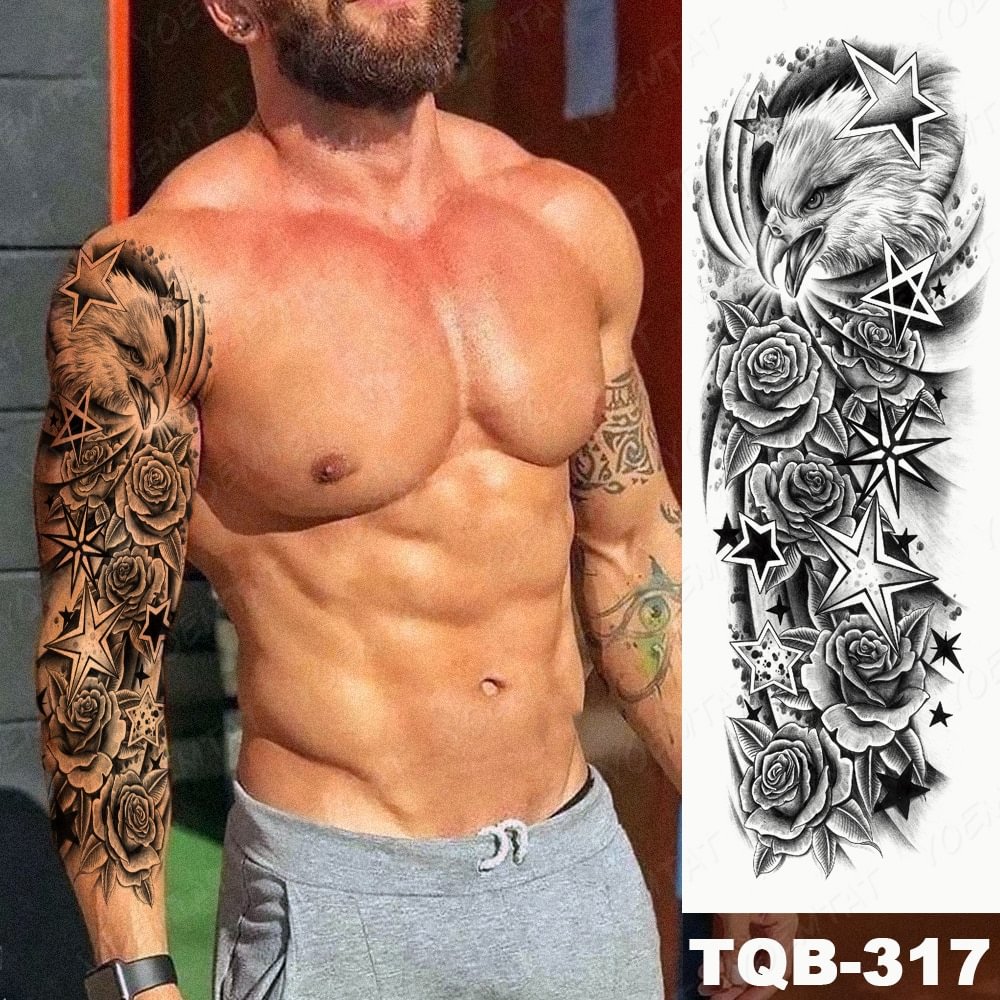 Gingf Waterproof Temporary Tattoo Sticker Rose Flower Eagle Wolf Lion Antelope Skull Flash Tatto Women Men Body Art Fake Tattoos