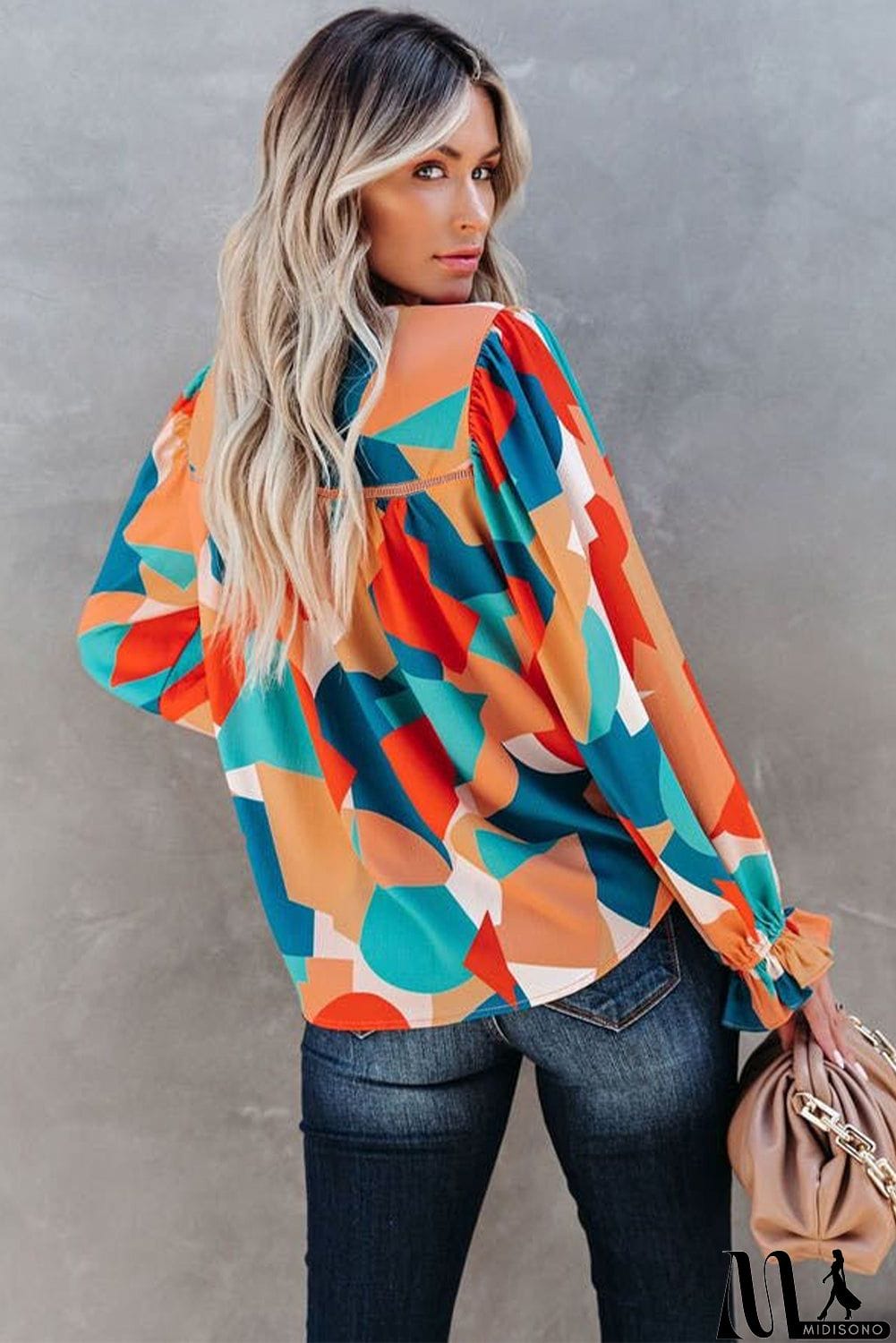 MidiSono - Abstract Pattern Crewneck Ruffled Puff Sleeve Blouse