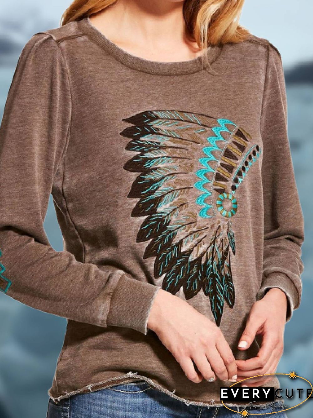 Round Neck Cotton-Blend Long Sleeve Color-Block Shirts & Tops